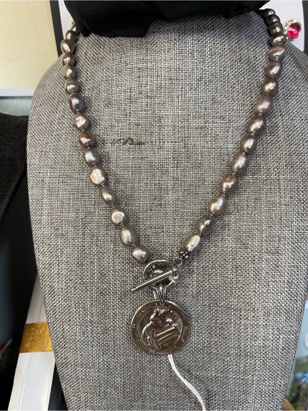Baroque Pearl Necklace with Coin Jumping Horse Pendant - Gray